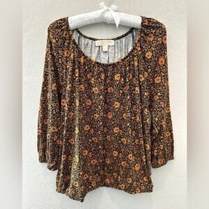 MICHAEL KORS | Knit Scoop Neck Floral 3/4 Sleeve Peasant Top | Large